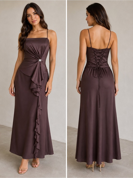 Montage by Mon Cheri Dresses & Skirts - Montage by Mon Cheri Chocolate Brown Satin Ruffle Gown